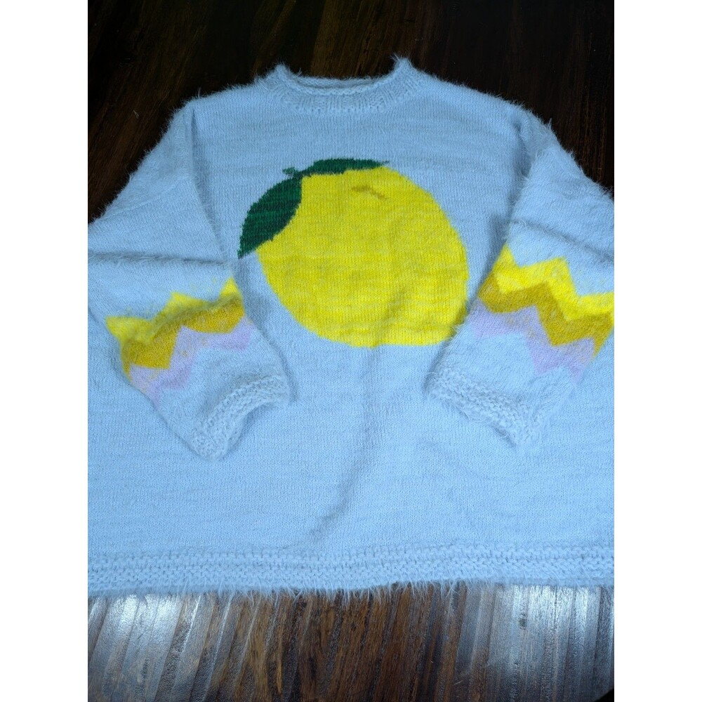 Free People Just Peachy Pullover Sweater XS Lemon Sky Fuzzy Eyelash Blue